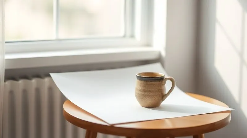 A photorealistic, professional photography shot of a minimalist home studio setup for product photography. A small table is placed next to a window with diffused natural light. On the table, a seamless white background paper curves upwards. A handmade ceramic mug is perfectly positioned, with a white foam board reflector subtly directing light. Cinematic lighting, sharp focus on the mug, depth of field blurring the background. 8K hyper-detailed.