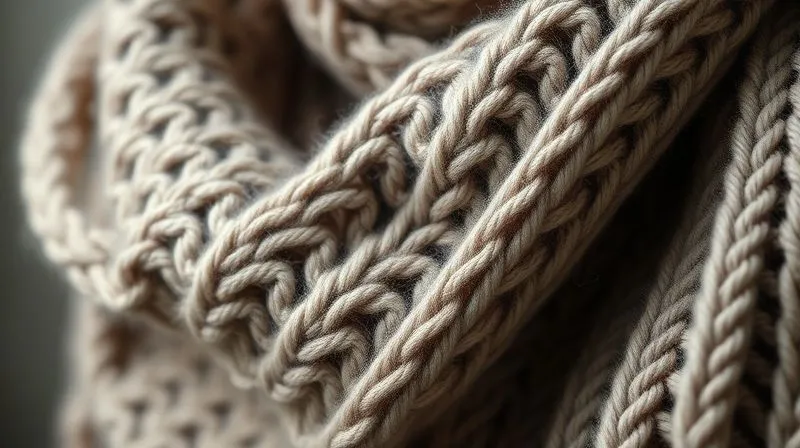 A photorealistic close-up, professional photography shot of a hand-knitted woolen scarf, draped elegantly to highlight its intricate texture and soft, warm fibers. Cinematic lighting creates subtle shadows that emphasize the depth of the knit. Sharp focus on the individual threads, depth of field blurring a very subtle background. 8K hyper-detailed, showcasing the craftsmanship.