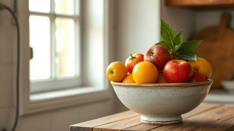 A photorealistic, professional photography shot of a handmade ceramic bowl filled with fresh, vibrant fruits, placed on a rustic wooden kitchen counter next to a window. Soft, natural light illuminates the scene, creating a warm and inviting atmosphere. The bowl is the sharpest focus, showcasing its unique texture and design, while the background is subtly blurred to create depth of field. 8K hyper-detailed, evoking a cozy lifestyle.