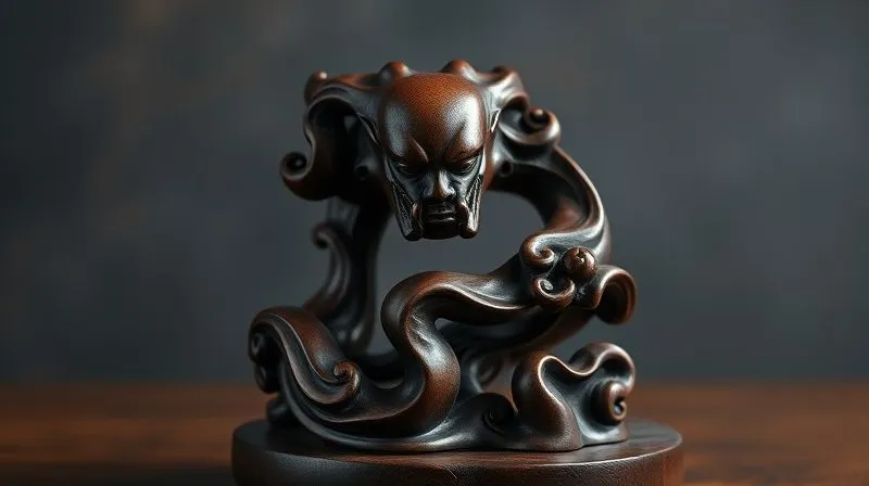 A photorealistic, professional photography shot of a challenging product: a very dark, glossy wooden sculpture. Cinematic lighting is strategically used with softboxes and reflectors to minimize harsh reflections while highlighting the intricate carvings and the rich, deep color of the wood, showcasing its texture and form. Sharp focus on the sculpture, depth of field blurring the background. 8K hyper-detailed.