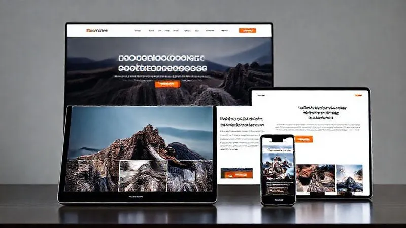 A photorealistic image of a sleek, modern photography website design displayed on various devices (desktop, tablet, smartphone) with glowing, highlighted call-to-action buttons. The interface is clean and fast, with sharp focus on the interactive elements. 8K hyper-detailed, professional photography, cinematic lighting.
