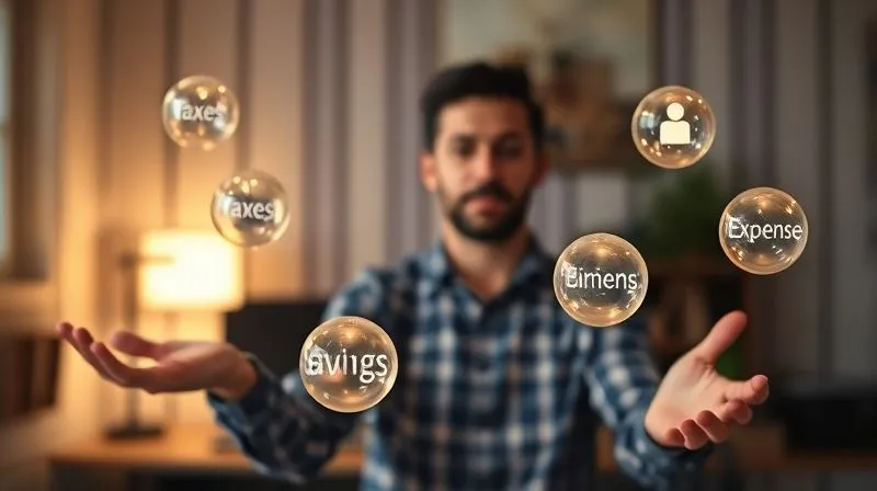 A photorealistic image of a person juggling multiple glowing orbs, each representing a different financial challenge like 'variable income', 'taxes', 'savings', 'expenses', against a backdrop of a blurred home office. Cinematic lighting, sharp focus on the juggling act, depth of field, shot on a high-end DSLR, 8K hyper-detailed.