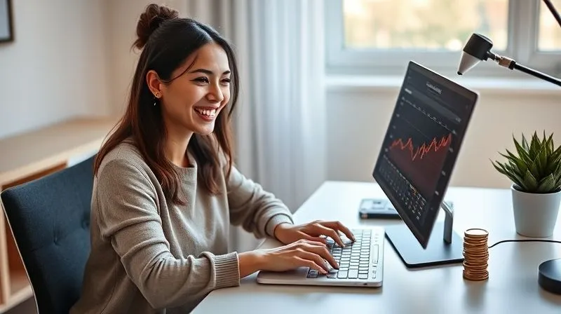 A photorealistic image of a woman, Ana, sitting comfortably at her modern, minimalist home office desk, smiling confidently while looking at a financial dashboard on her laptop screen, showing positive growth graphs. A small, organized stack of money or coins is visible next to her keyboard. Cinematic lighting, sharp focus on Ana and the screen, depth of field, shot on a high-end DSLR, 8K hyper-detailed.