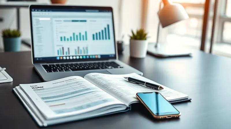 A photorealistic image of a sleek, modern desk with a laptop displaying a financial management software interface, a physical planner open to a budget page, and a smartphone showing a banking app. The scene is well-lit, suggesting clarity and control. Cinematic lighting, sharp focus on the tools, depth of field, shot on a high-end DSLR, 8K hyper-detailed.