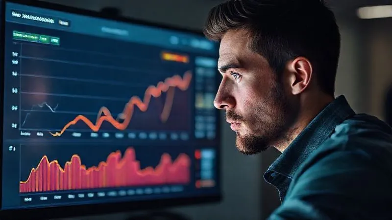 A photorealistic image of a freelancer, looking intently at a digital dashboard displaying income fluctuations over a year, with a thoughtful expression. The screen shows a line graph with peaks and valleys, but also an underlying trend of growth. Cinematic lighting, sharp focus, depth of field, 8K hyper-detailed, shot on a high-end DSLR.