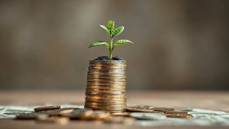 A photorealistic image of a stack of coins and bills forming a solid, stable foundation for a small, thriving plant. The background is slightly blurred, suggesting a secure environment. Cinematic lighting, sharp focus on the money and plant, depth of field, 8K hyper-detailed, shot on a high-end DSLR.