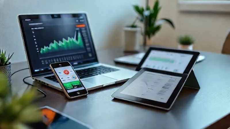 A photorealistic image of a freelancer's desk with a laptop displaying a financial dashboard, a smartphone showing a banking app, and a tablet open to a budgeting tool. The scene is organized and clean, suggesting efficiency. Cinematic lighting, sharp focus on the devices and their screens, depth of field, 8K hyper-detailed, shot on a high-end DSLR.