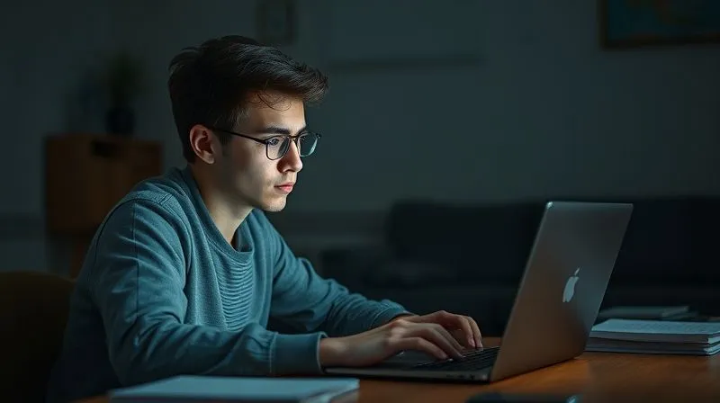 A photorealistic image of a student sitting in front of a laptop, looking stressed, with multiple open tabs on the screen, reflecting the challenges of online assessment. The room is dimly lit, emphasizing the pressure and potential for distraction. 8K hyper-detailed, professional photography, depth of field, cinematic lighting.