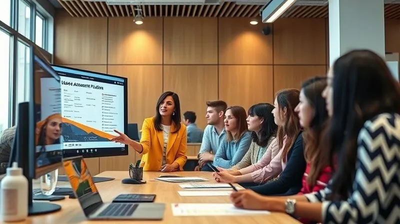 A photorealistic image of a diverse group of educators and students engaged in a training session for an online assessment platform, with a facilitator pointing to a screen. The atmosphere is collaborative and supportive, with clear visuals and modern technology. 8K hyper-detailed, professional photography, depth of field, cinematic lighting.