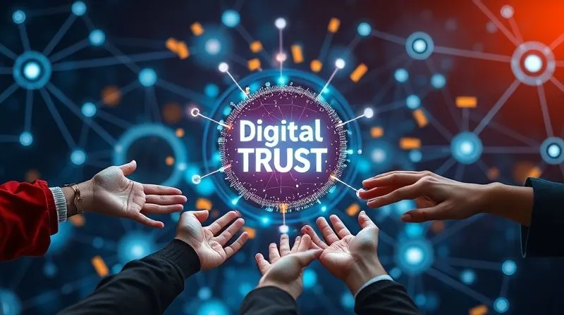 A photorealistic image depicting a collaborative digital ecosystem for education, with interconnected nodes and glowing data streams. In the foreground, hands from different individuals (educators, students, tech developers) are reaching towards a central holographic sphere representing 'Digital Trust'. Cinematic lighting, 8K hyper-detailed, professional photography, depth of field.