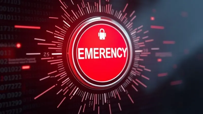 Photorealistic image of a digital emergency button being pressed, with binary code flowing around it and a sense of urgency and quick action. Cinematic lighting, sharp focus, 8K hyper-detailed.