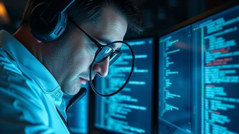 Photorealistic image of a digital forensics expert meticulously examining lines of code on multiple screens, with a magnifying glass over a specific section. The atmosphere is intense and focused, with futuristic interfaces. Cinematic lighting, 8K, sharp focus.