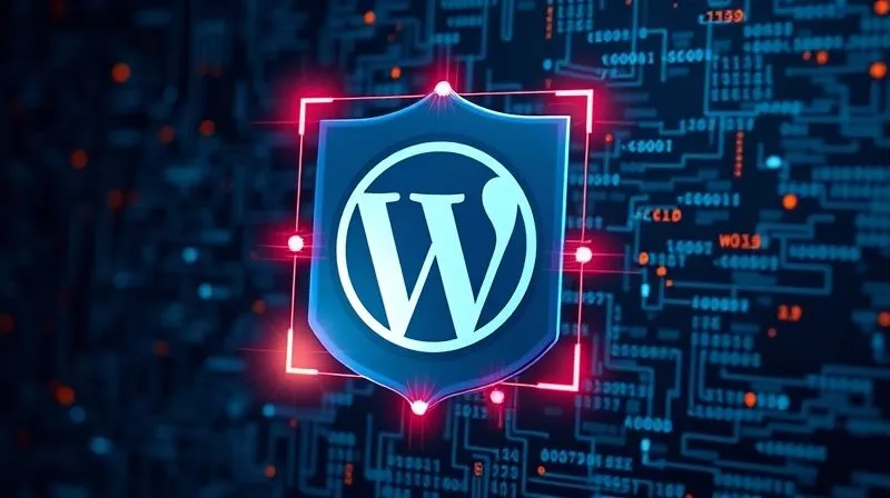 Photorealistic image of a digital shield icon overlaying a WordPress logo, with glowing protective barriers around it. The background is a secure, complex network of data, symbolizing robust cybersecurity. Cinematic lighting, 8K, sharp focus, vibrant colors.