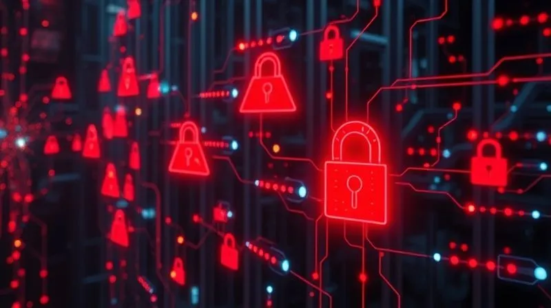 A photorealistic image of a complex, glowing digital network with data packets flowing, overlaid with menacing red warning signs and lock icons, symbolizing the vulnerabilities and threats in API integrations. The background is dark and futuristic, with a sense of urgency and high stakes. Professional photography, 8K, cinematic lighting, sharp focus, depth of field, shot on a high-end DSLR.