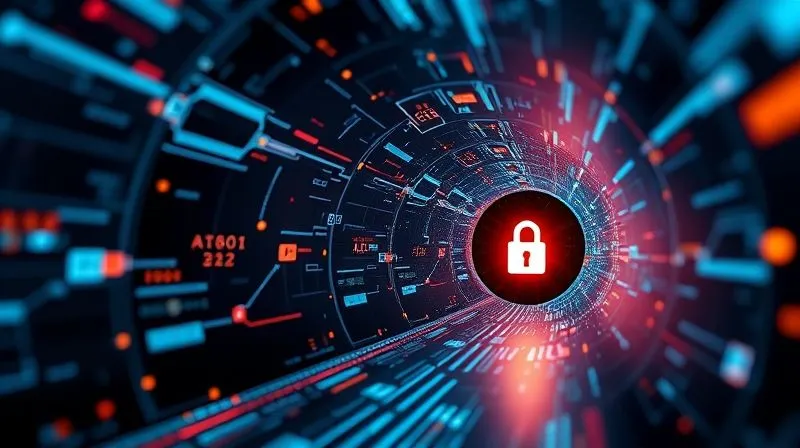 A photorealistic image of digital data streams flowing through a secure, glowing tunnel, with intricate cryptographic symbols and a strong padlock icon at the entrance. The tunnel is made of light, indicating secure transmission, against a dark, abstract background. Professional photography, 8K, cinematic lighting, sharp focus, depth of field, shot on a high-end DSLR.