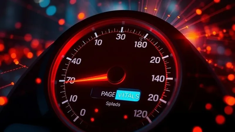 A photorealistic image of a digital speedometer rapidly increasing, with "Core Web Vitals" and "Page Speed" labels, surrounded by glowing data points and network lines. Cinematic lighting, sharp focus, depth of field. 8K hyper-detailed, professional photography, shot on a high-end DSLR.