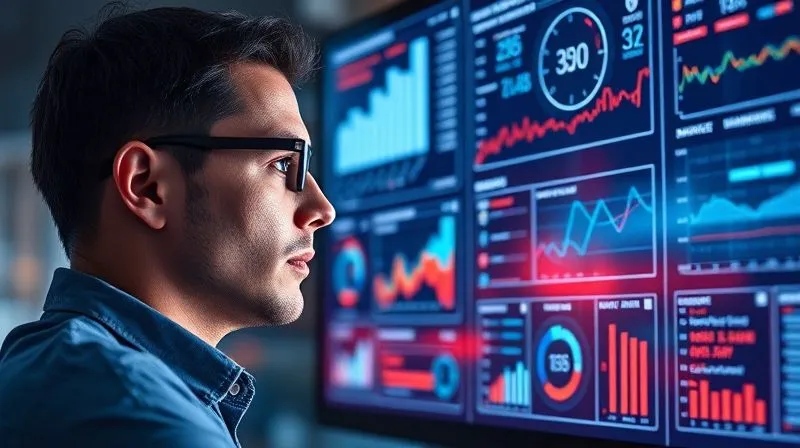 A photorealistic image of a professional data analyst looking at multiple glowing holographic screens displaying various SEO metrics: traffic charts, keyword rankings, and real-time news trends. Cinematic lighting, sharp focus on the analyst's face and screens, depth of field blurring the background. 8K hyper-detailed, professional photography, shot on a high-end DSLR.