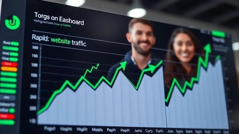 A photorealistic image of a digital dashboard showing rapid growth trends in website traffic and Google Top Stories appearances, with green upward arrows and a smiling team in the background. Cinematic lighting, sharp focus on the dashboard, depth of field blurring the team. 8K hyper-detailed, professional photography, shot on a high-end DSLR.