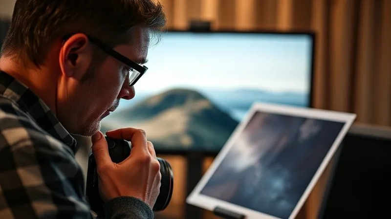 A photorealistic, professional photography shot from a slightly elevated angle, showing a photographer meticulously reviewing an image on a high-end, color-calibrated monitor. Next to the monitor, a physical print of the same image is being compared, with cinematic lighting emphasizing the subtle differences in color and tone. Sharp focus on the photographer's concentrated expression and the comparison process. 8K hyper-detailed, shot on a high-end DSLR.