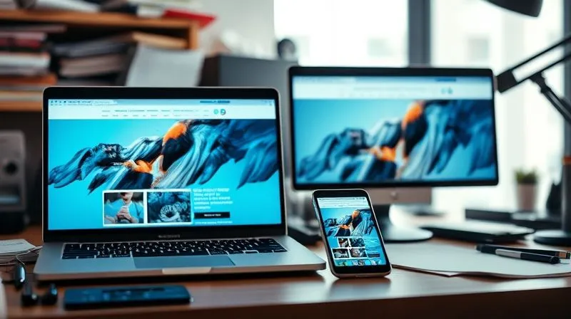 A photorealistic, professional photography shot of a cluttered but organized desk, showcasing multiple digital devices side-by-side: a high-end laptop, a tablet, and a smartphone, all displaying the same vibrant photograph on a website. Subtle color inconsistencies are visible across the screens, highlighted by cinematic lighting. Sharp focus on the screens, depth of field blurring the background office items. 8K hyper-detailed, shot on a high-end DSLR.