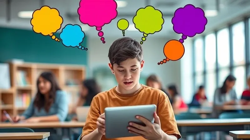 A photorealistic image of a diverse group of student personas represented as vibrant, distinct thought bubbles above a single, focused student using a tablet. Cinematic lighting, sharp focus on the student, depth of field blurring a modern classroom background, 8K hyper-detailed.