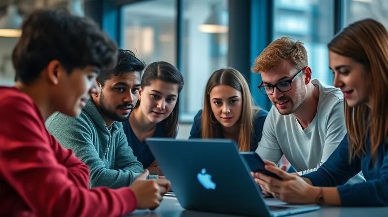A photorealistic image of a diverse group of students engaged in a collaborative online project, each on their own device but with visible video calls and shared screens, showing active discussion and teamwork. Cinematic lighting, sharp focus on their faces expressing focus and collaboration, depth of field blurring a modern digital workspace, 8K hyper-detailed.