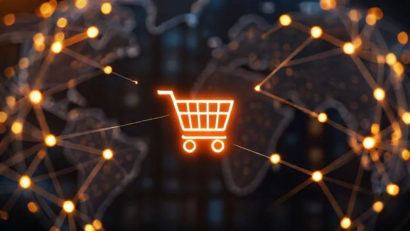A photorealistic image showing a global network of interconnected servers (nodes) with glowing lines representing data flow, converging on a central stylized shopping cart icon. The background is a blurred map of the world. Professional photography, 8K, cinematic lighting, sharp focus, depth of field, shot on a high-end DSLR.