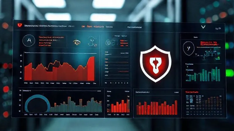 A photorealistic image of a digital security dashboard with various graphs, alerts, and metrics, showing real-time threat detection and a strong firewall icon. In the background, a blurred image of a secure server room. Professional photography, 8K, cinematic lighting, sharp focus, depth of field, shot on a high-end DSLR.