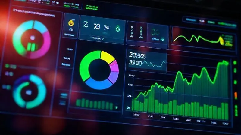 A photorealistic image of a vibrant, holographic dashboard displaying key performance indicators (KPIs) for an e-commerce store: uptime percentage, page load speed, conversion rates, and real-time traffic spikes. The data is visually appealing and easy to interpret, with green positive trends. Professional photography, 8K, cinematic lighting, sharp focus, depth of field, shot on a high-end DSLR.
