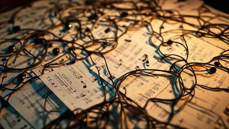 A photorealistic image of a complex legal labyrinth or a tangled web of interconnected legal documents and music notes, lit by a soft, warm glow, symbolizing the intricacies of music licensing. Sharp focus on the foreground, depth of field blurring the background, 8K, professional photography, cinematic lighting.