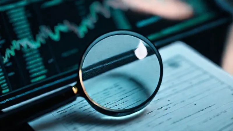 A photorealistic image of a magnifying glass hovering over a detailed ledger or digital compliance dashboard, with subtle sound waves emanating from the data, symbolizing meticulous auditing and legal compliance for online radio. 8K, professional photography, cinematic lighting, sharp focus on the magnifying glass and ledger.