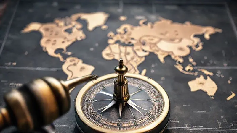 A photorealistic image of a compass pointing towards a stylized world map, with subtle legal symbols and music notes integrated into the map, conveying the challenge and guidance needed for navigating international music licensing for online radio. 8K, professional photography, cinematic lighting, sharp focus on the compass.