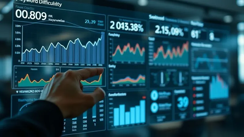 photorealistic, professional photography, 8K, cinematic lighting, sharp focus, depth of field, shot on a high-end DSLR, a person's hand pointing at a complex, illuminated digital dashboard displaying various data points, including search volume graphs, trend lines, and keyword difficulty scores, against a backdrop of blurred office environment.