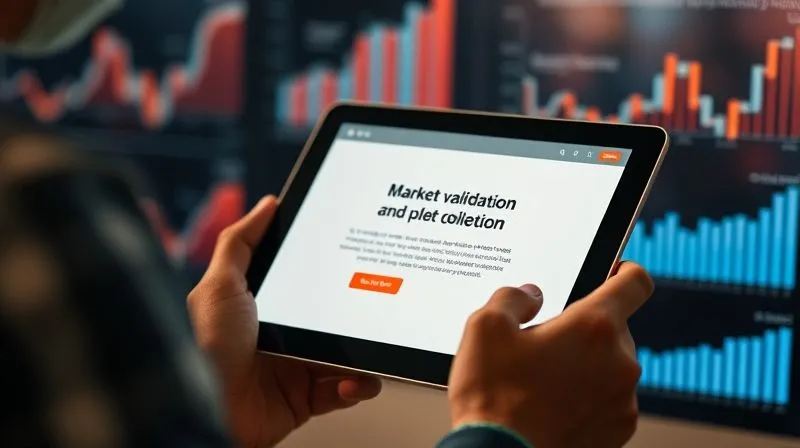 photorealistic, professional photography, 8K, cinematic lighting, sharp focus, depth of field, shot on a high-end DSLR, a person interacting with a tablet, displaying a simple landing page with a call to action, surrounded by blurred graphs and data charts, symbolizing market validation and feedback collection.