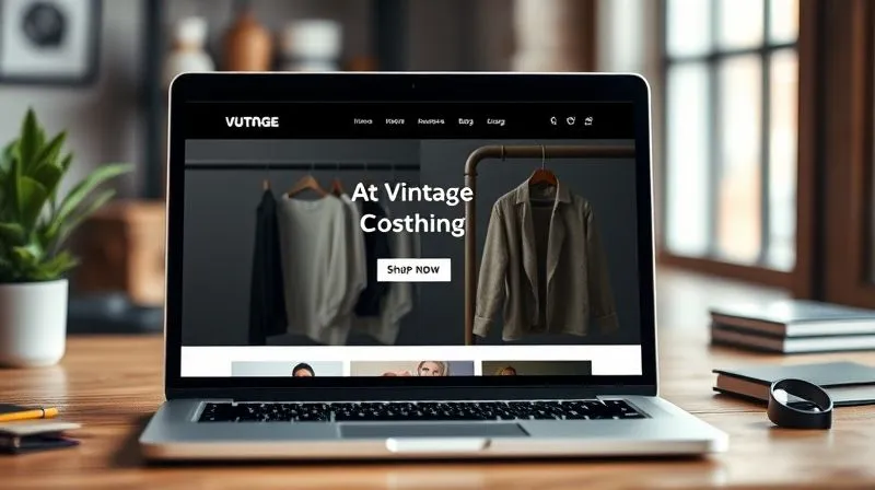 A photorealistic image of a clean, modern e-commerce website interface for a vintage clothing store displayed on a laptop, with a "shop now" button prominently featured. The interface is elegant, user-friendly, and showcases high-quality product images. Cinematic lighting, sharp focus on the screen, depth of field blurring a stylish workspace in the background. 8K hyper-detailed, professional photography, shot on a high-end DSLR.
