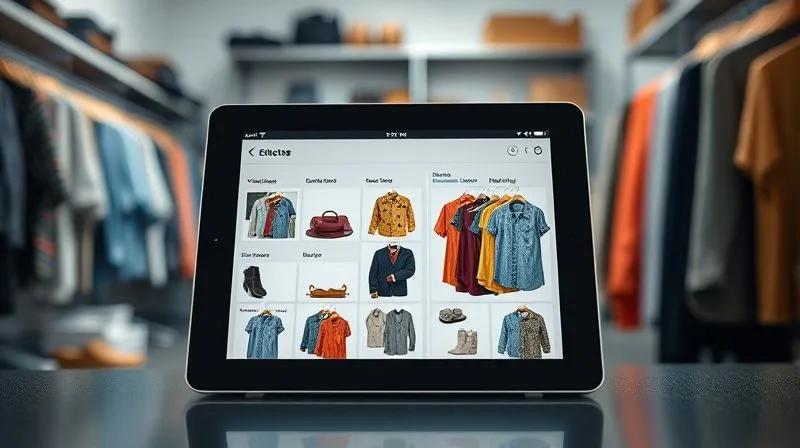 A photorealistic image of a neatly organized digital inventory system on a tablet, with vintage clothes clearly categorized and tagged. The background shows a clean, well-lit storage area with racks of clothes. Cinematic lighting, sharp focus on the tablet screen, depth of field blurring the background. 8K hyper-detailed, professional photography, shot on a high-end DSLR.