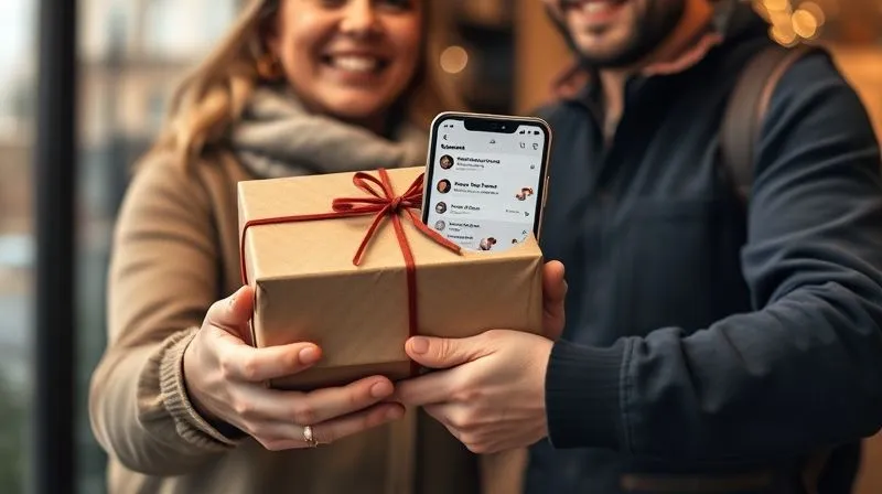 A photorealistic image of a happy customer receiving a beautifully packaged vintage item from a delivery person, with a smartphone displaying a positive customer service chat on the screen. The scene conveys excellent customer experience and satisfaction. Cinematic lighting, sharp focus on the package and smartphone, depth of field blurring the background. 8K hyper-detailed, professional photography, shot on a high-end DSLR.