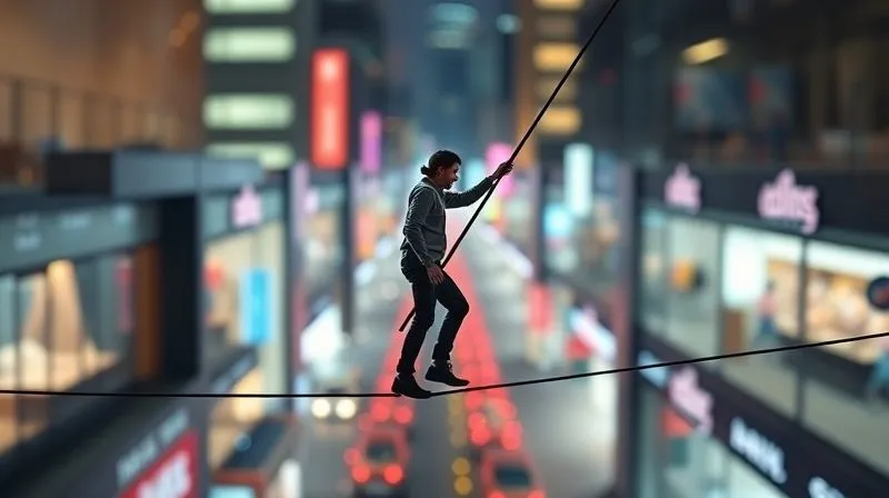 A photorealistic image of a tightrope walker carefully balancing a long pole, symbolizing the delicate act of finding the right profit margin in e-commerce. The background shows a blurry cityscape of digital storefronts, with cinematic lighting highlighting the tension and precision. Sharp focus on the tightrope walker, depth of field blurring the background, 8K hyper-detailed, professional photography, shot on a high-end DSLR.