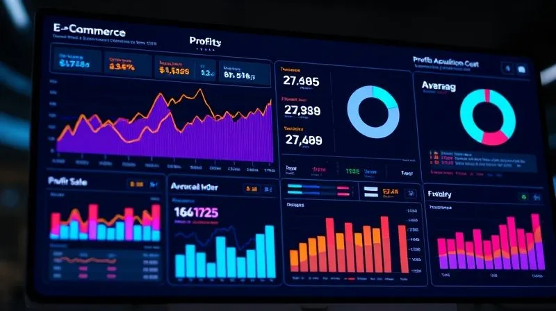 A photorealistic image of a sleek, modern dashboard displaying various e-commerce metrics: sales growth, profit margins, customer acquisition cost, and average order value. The dashboard uses clean lines, vibrant but professional colors, and real-time data visualizations. Cinematic lighting illuminates the screen, with a shallow depth of field. 8K hyper-detailed, professional photography, shot on a high-end DSLR.