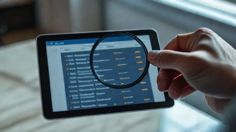 A photorealistic image of a hand holding a magnifying glass over a tablet screen displaying a list of potential dropshipping suppliers with various metrics like ratings, response times, and sample quality, cinematic lighting, sharp focus on the tablet, depth of field, 8K hyper-detailed, shot on a high-end DSLR.