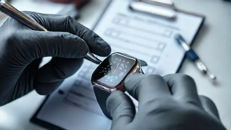 A close-up, photorealistic shot of a product (e.g., a smartwatch) being inspected for quality by a gloved hand, with a detailed checklist on a clipboard in the background. The lighting is bright and clean, emphasizing precision, sharp focus on the product, depth of field, 8K hyper-detailed, shot on a high-end DSLR.
