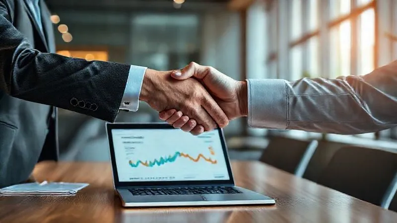 A photorealistic image of two business people shaking hands over a table with a laptop displaying analytics and a resolved issue ticket, symbolizing successful negotiation and problem resolution. The setting is a modern office, with cinematic lighting, sharp focus on the handshake, depth of field, 8K hyper-detailed, shot on a high-end DSLR.