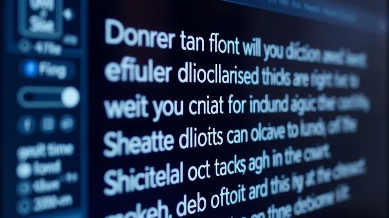 A photorealistic close-up of a computer screen displaying a paragraph of text rendered in a variable font, with a slider interface on the side showing real-time adjustments to font weight, width, and optical size. The text smoothly changes, demonstrating the font's flexibility. Cinematic lighting, sharp focus on the text, depth of field blurring the interface elements, 8K, professional photography.