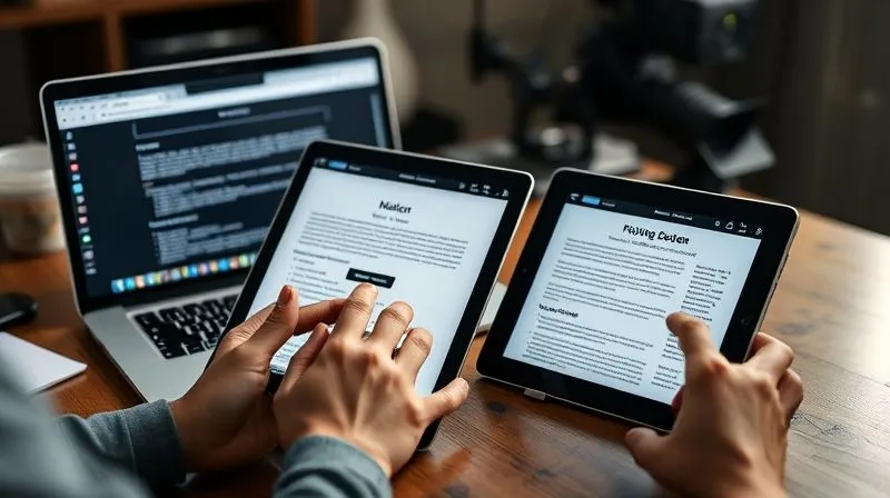 A photorealistic shot of a professional designer's desk, showcasing multiple devices (a laptop, a tablet, and a smartphone) all displaying the same web page. The designer's hands are visible, interacting with the tablet, emphasizing the importance of real-world testing. The typography on all screens looks consistent and sharp. Professional photography, 8K, cinematic lighting, sharp focus on the devices, depth of field blurring the background, shot on a high-end DSLR.