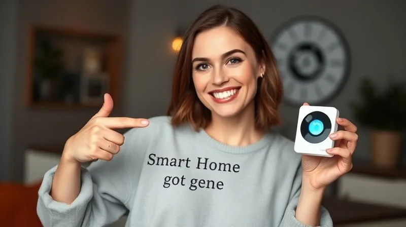 A photorealistic, professional photography, 8K, cinematic lighting, sharp focus, depth of field, shot on a high-end DSLR, of a vibrant and authentic female influencer, mid-30s, enthusiastically showcasing a sleek dropshipping product (e.g., a smart home gadget or unique accessory) while pointing towards a clear, visually appealing call-to-action text overlay on a screen or a physical card. Her expression is genuine and inviting, making the product desirable. The background is a modern, stylish home setting.