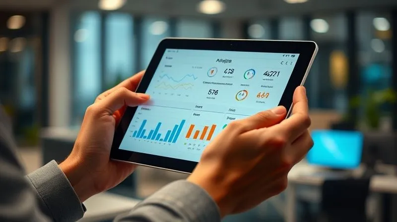 A photorealistic, professional photography, 8K, cinematic lighting, sharp focus, depth of field, shot on a high-end DSLR, of a person's hands hovering over a sleek, modern tablet displaying a detailed analytics dashboard. The screen shows graphs and charts for sales conversion rates, CPA, and ROI from various influencer campaigns, with some metrics highlighted in green for success. The background is a blurred, dynamic office environment, suggesting data-driven decision-making.