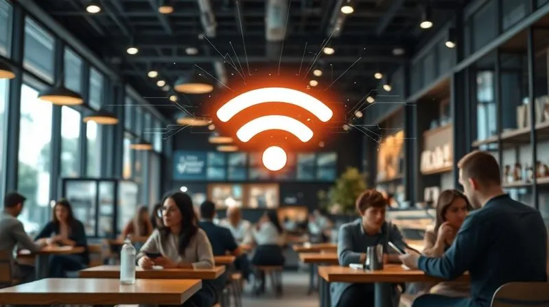 Photorealistic image of a modern cafe or retail store with customers using their phones, overlaid with subtle digital lines and data points flowing towards a central, glowing Wi-Fi symbol. The scene should convey seamless digital connectivity and data capture in a physical space, with soft, inviting lighting, 8K, cinematic lighting, sharp focus, depth of field, shot on a high-end DSLR.