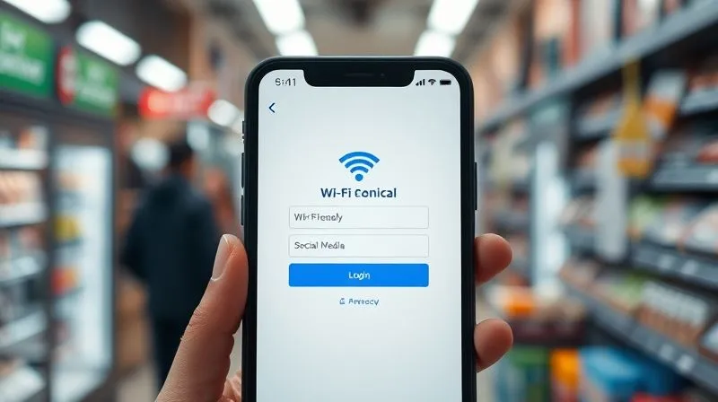 Photorealistic image of a smartphone screen displaying a user-friendly Wi-Fi login portal with options for email and social media login, set against a blurred background of a bustling local store. The interface should look clean and inviting, with a small icon representing data privacy, 8K, cinematic lighting, sharp focus, depth of field, shot on a high-end DSLR.
