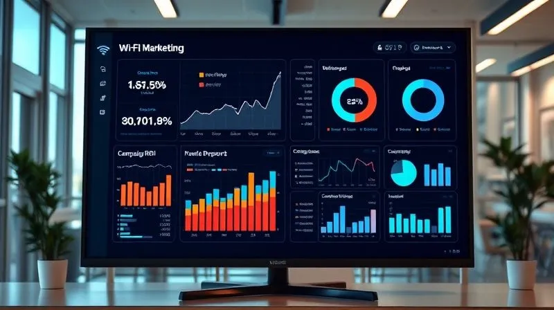 Photorealistic image of a business dashboard on a large monitor, displaying various Wi-Fi marketing metrics like lead generation, conversion rates, customer demographics, and campaign ROI. The dashboard should be clean, modern, and easy to read, with upward trending graphs and positive indicators, 8K, cinematic lighting, sharp focus, depth of field, shot on a high-end DSLR.