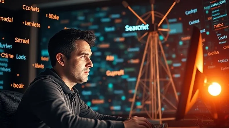 A photorealistic image of a person at a computer, surrounded by a luminous network of keywords and search bubbles, with data flowing from a vintage radio antenna. Cinematic lighting, sharp focus on the user's thoughtful expression, depth of field blurring a complex digital interface in the background. 8K hyper-detailed, professional photography, shot on a high-end DSLR.